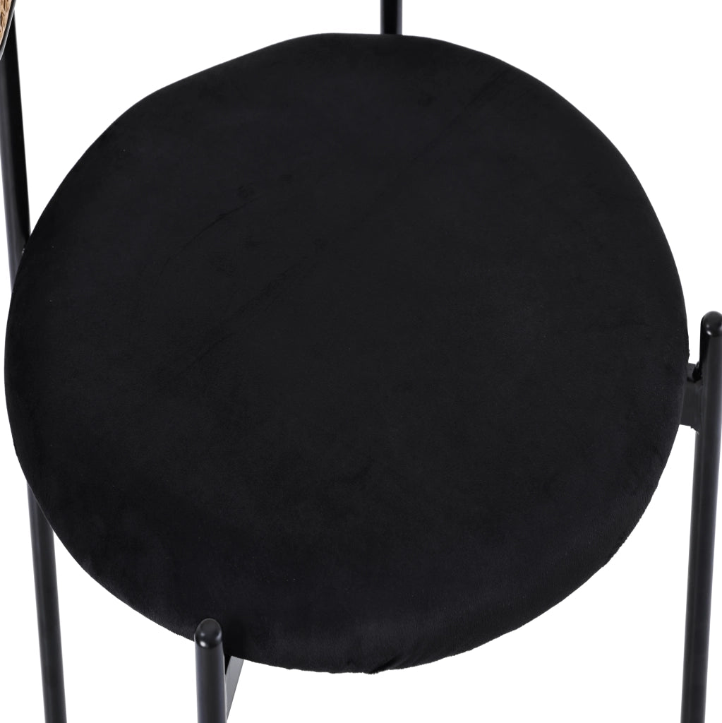 Set 2 sedie da pranzo in velluto nero con schienale in rattan e gambe in metallo