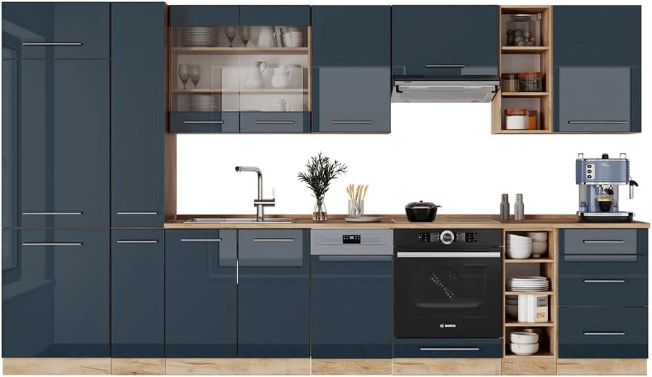 cucina componibile Fame-Line, Blu scuro lucido/rovere dorato, 355 cm senza piano di lavoro