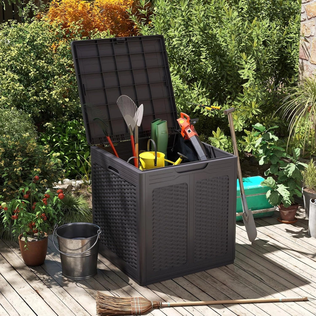 Baule da Giardino 145 L, Baule da Esterno con Coperchio con Coperchio Bloccabile, Contenitore per Cuscini in Plastica, Multibox Impermeabile Esterni, 56X56X61 cm