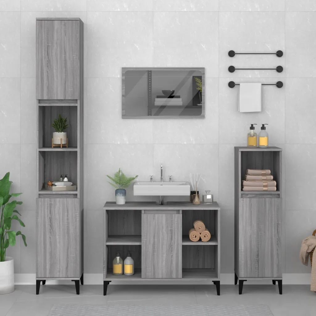 Set Mobili da Bagno | Armadio da bagno 3 pz Grigio Sonoma in Legno Multistrato