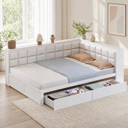 DESMIU Letto a banquette 140 × 200 cm 2 posti con 2 cassetti, schienale imbottito, senza materasso, in legno, bianco