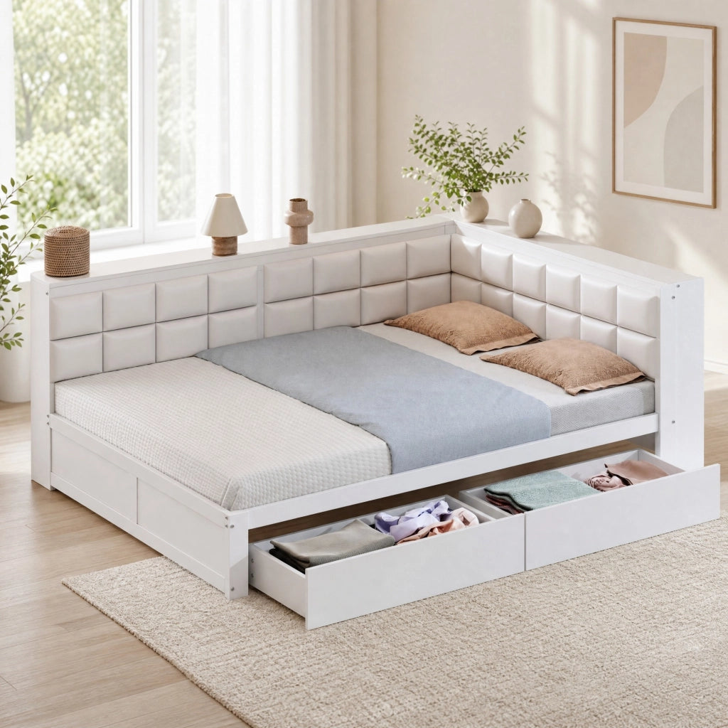 DESMIU Letto a banquette 140 × 200 cm 2 posti con 2 cassetti, schienale imbottito, senza materasso, in legno, bianco