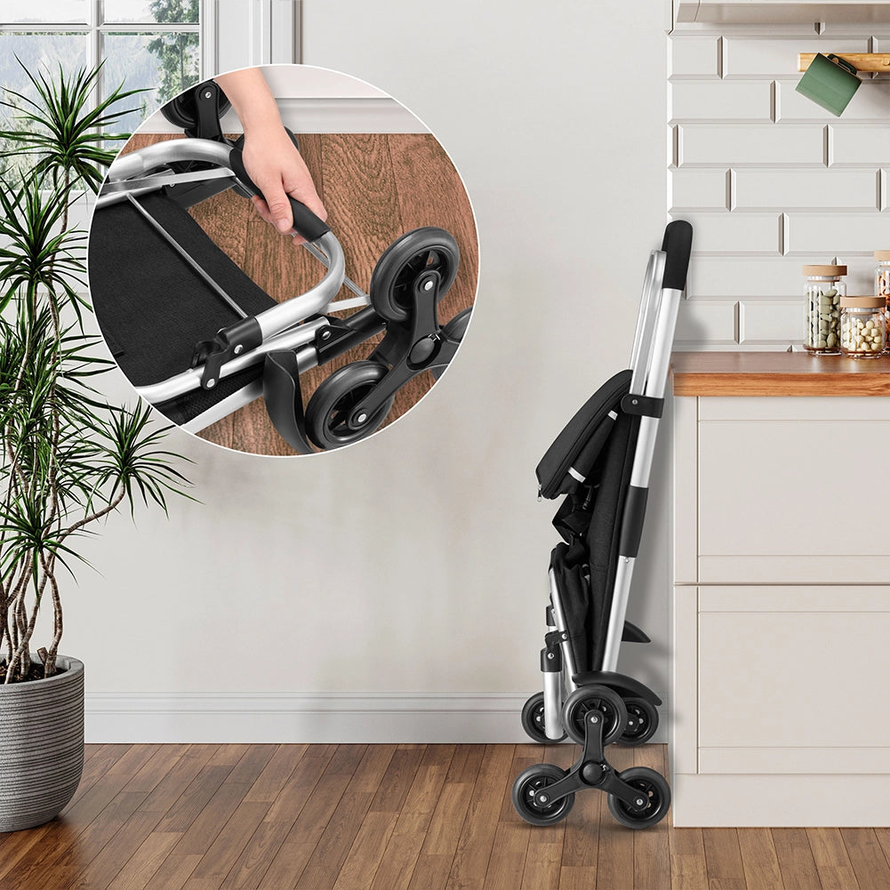 Carrello Spesa Montascale 50L Pieghevole con Borsa Termica Impermeabile 6 Ruote Nero