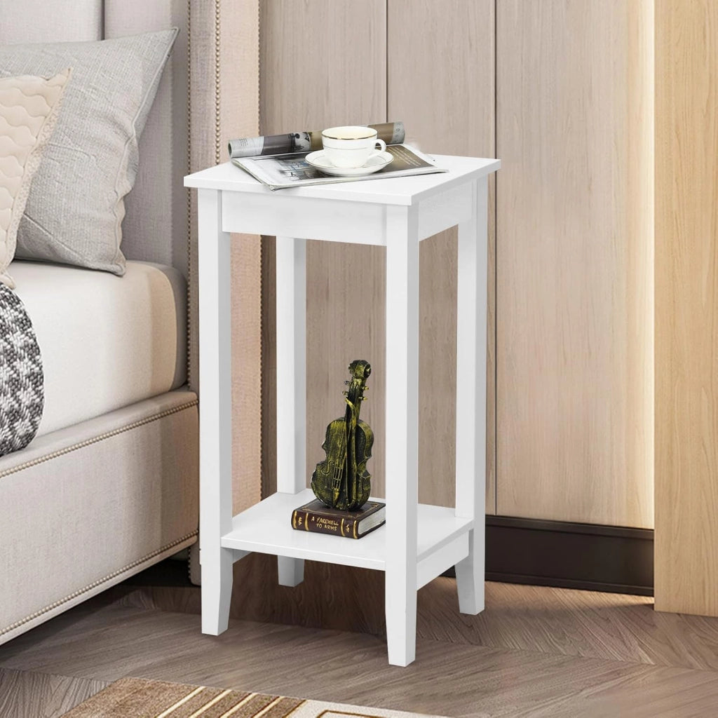 Set di 2 tavolini da divano con scaffale, comodino a 2 livelli, tavolino da salotto, comodino, in legno, rettangolare, semplice, per telefono, per piante, in legno (bianco, set da 2)