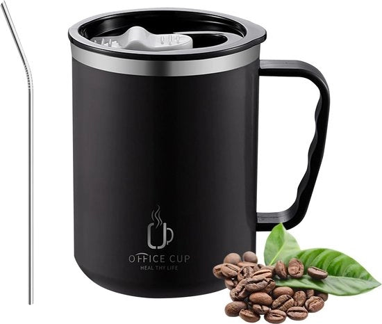 Moka a Caffè da Viaggio 500 ml, tazza a doppia parete isolata in acciaio inossidabile con maniglia e coperchio scorrevole, tazza per caffè caldo e freddo, acqua e tè, BPA libero - nero