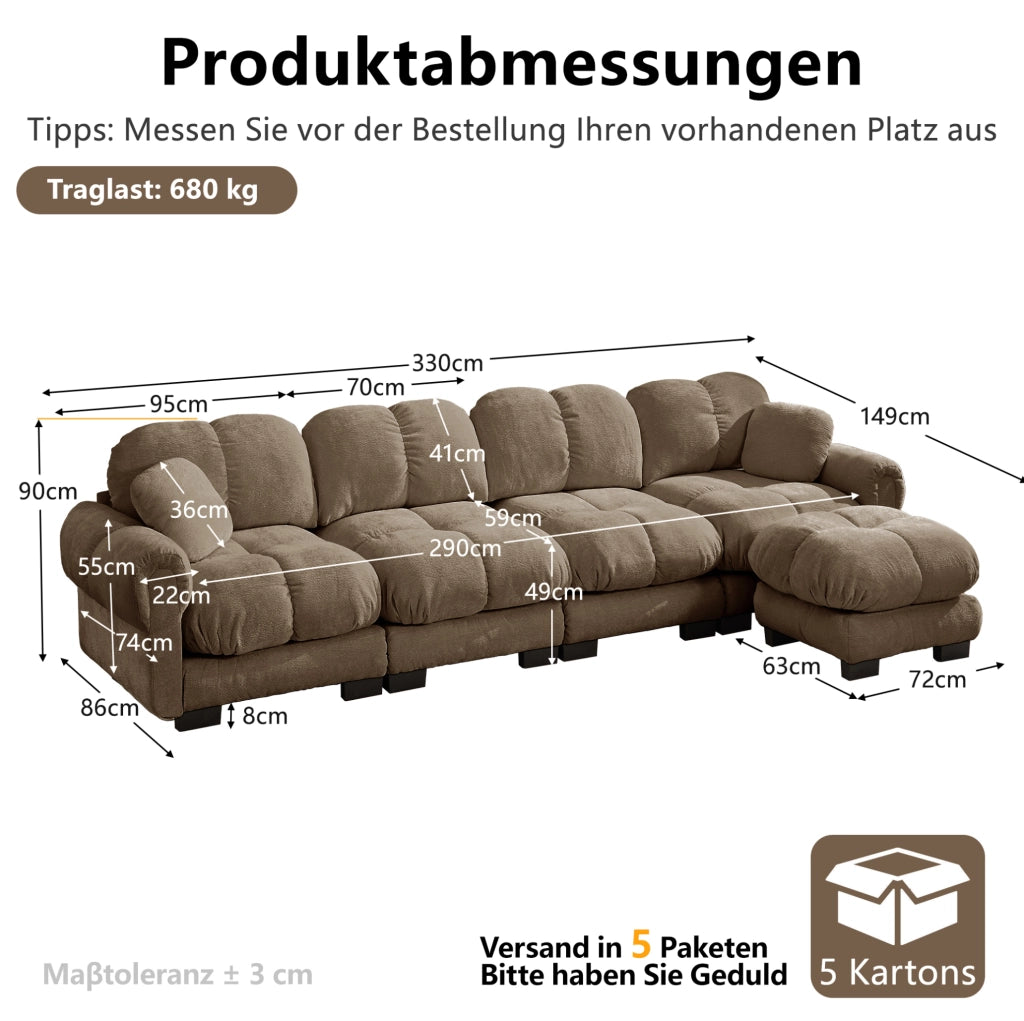 Divano componibile in ciniglia con pouf mobile; 330×149×90 cm; marrone