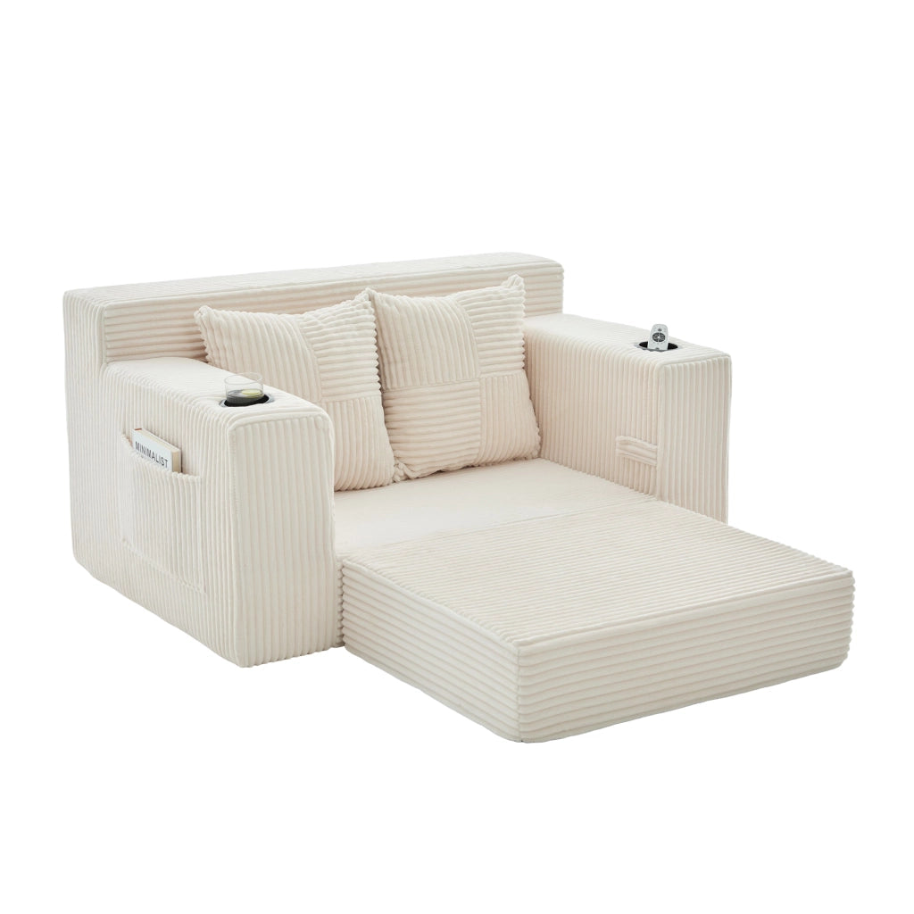 Divano pouf in velluto a coste con 2 cuscini e tasche laterali; 151x133x64 cm; beige