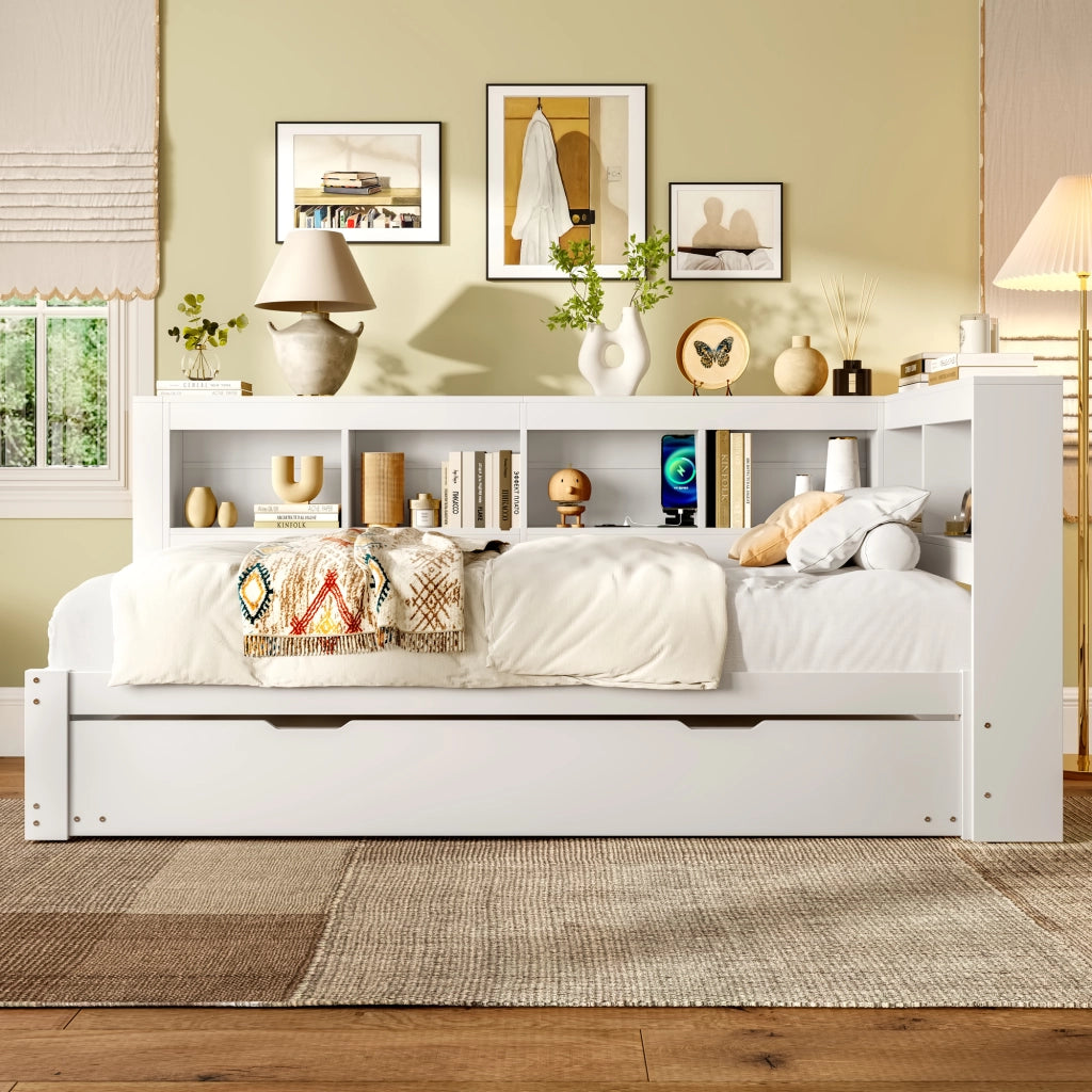 Letto estraibile singolo 90×200 cm con presa; 2 USB e ripiani; senza materasso; pino; bianco