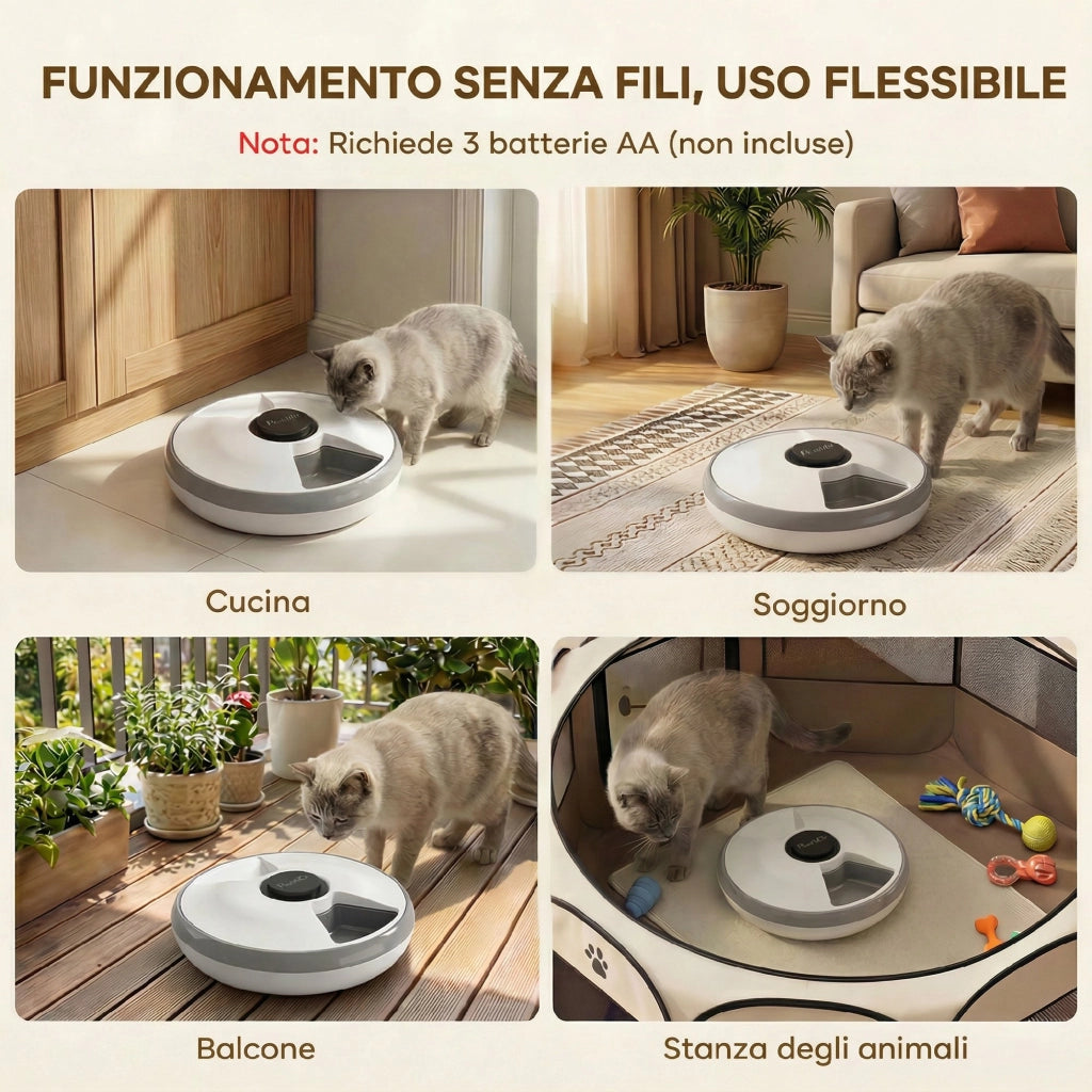 Distributore Automatico Cibo Gatti e Cani con Timer e Display LED 1-6 Pasti Giornalieri per Cibo Secco e Umido Bianco e
