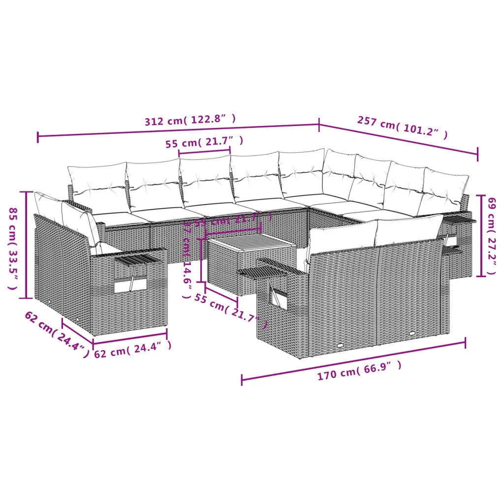 Set Divani da Giardino 13pz con Cuscini Nero in Polyrattan 3224831