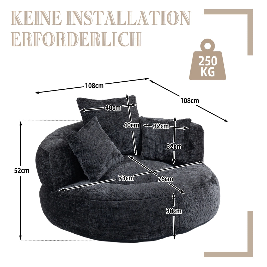 Poltrona Pouf Relax 1 Posto con Schienale Alto e Braccioli; Seduta Ampia Confortevole; in Ciniglia Nero