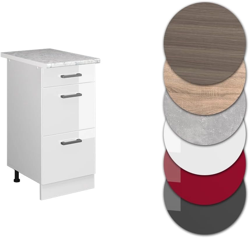 Mobiletto base per cucina R-Line, Bianco lucido, 40 cm con cassetti PL Marmo, per la libera combinazione all'interno di sistemi cucina modulari