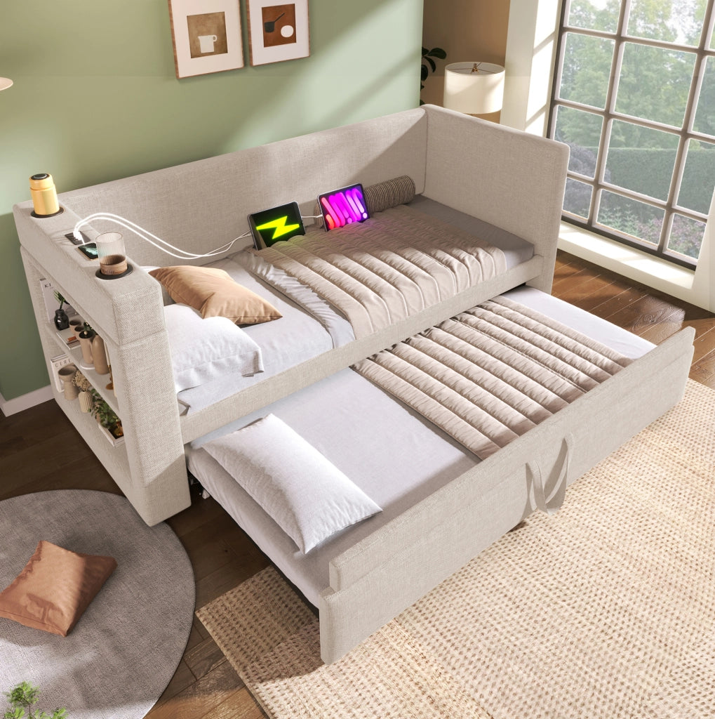 Divano letto estraibile 90x190 cm beige con USB-C