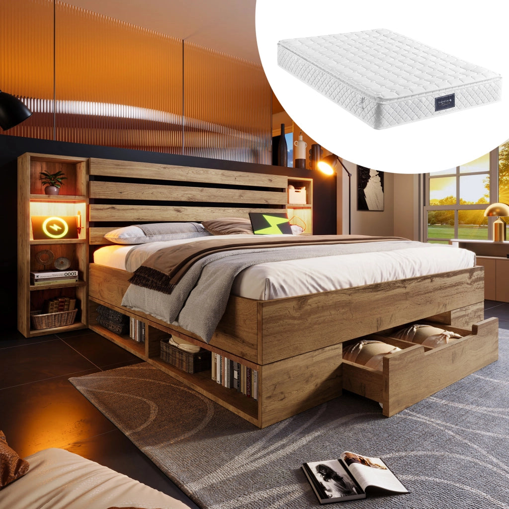 LETTO 160x200 cm Rovere con materasso incluso, testiera con LED e USB
