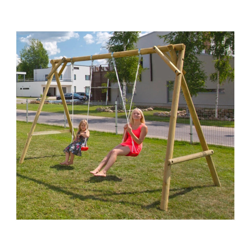 Altalena da giardino doppia per bambini, struttura in legno impregnato Ø10 cm con 2 seggiolini, uso esterno privato 3-14 anni - Esterni da Vivere