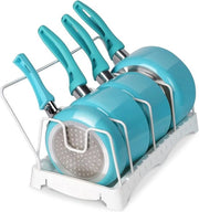 Organizzatore per pentole e padelle, cassetto con 5 compartimenti regolabili, contenitore per coperchi, contenitore per coperchi, contenitore per pentole e padelle, contenitore per coperchi, bianco.
