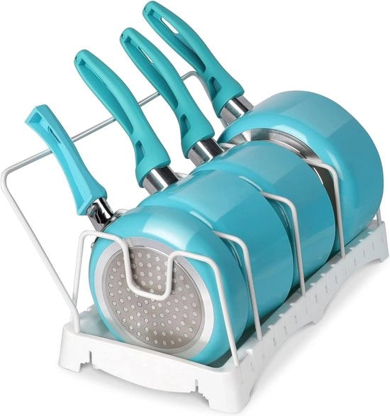 Organizzatore per pentole e padelle, cassetto con 5 compartimenti regolabili, contenitore per coperchi, contenitore per coperchi, contenitore per pentole e padelle, contenitore per coperchi, bianco.