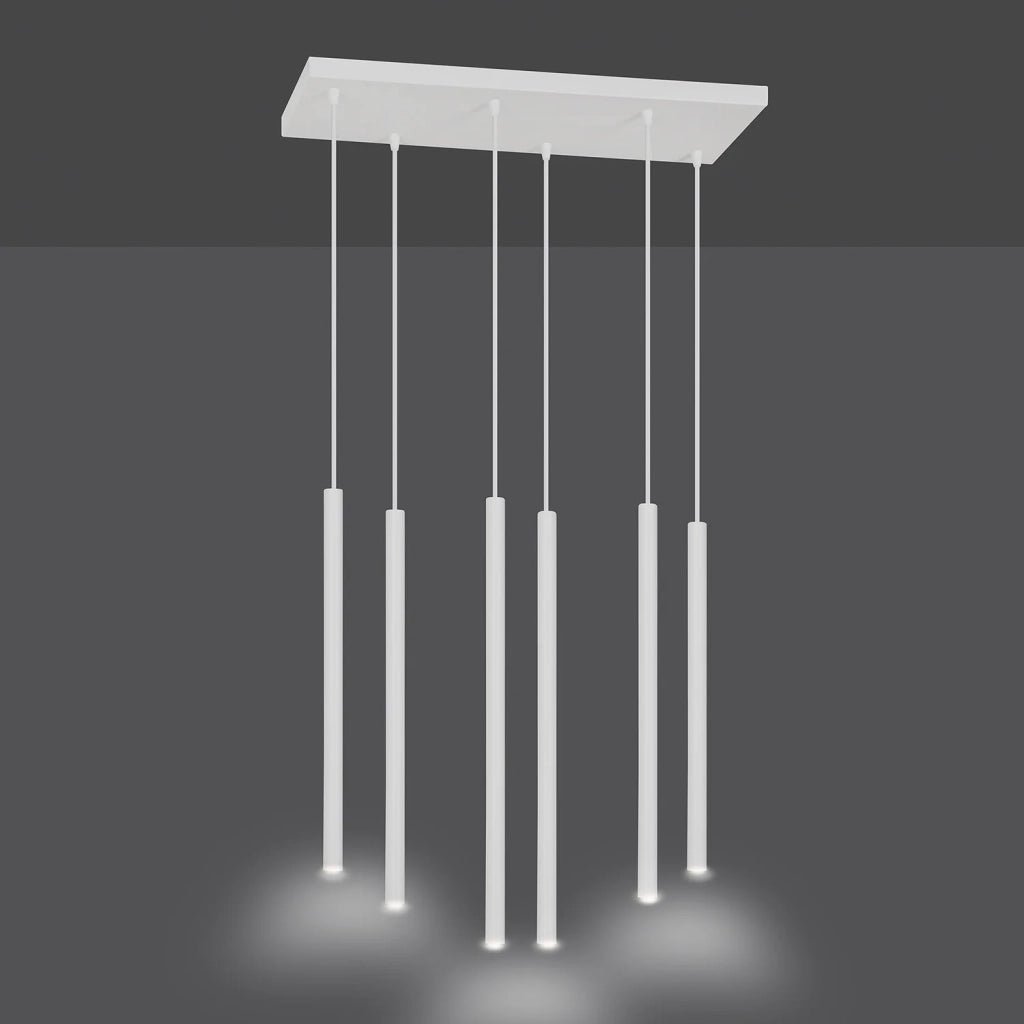 Lampadario 6 Luci Moderno Shu Acciaio Bianco E Paralumi A Cilindri Sottili