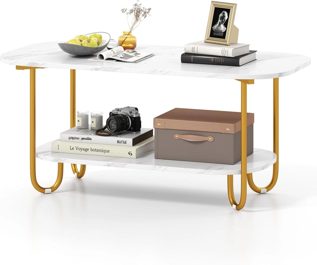 Tavolino da Caffè per Salotto a 2 Livelli, Tavolino Basso Rettangolo con Piano Effetto Marmo, Tavolino da Divano Moderno per Soggiorno,100 x 50 x 45 cm, Bianco e Oro