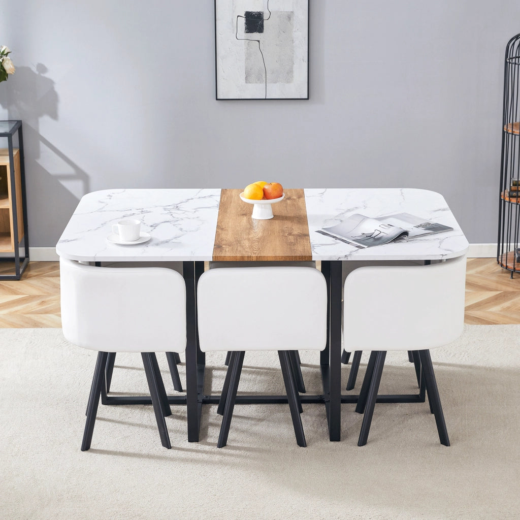 Set tavolo da pranzo allungabile con 4 sedie, piano bianco e struttura nera, da 4 a 6 posti