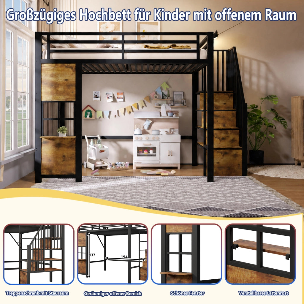 Letto a soppalco 90 × 200 cm con scala contenitore, vano aperto, barriera di sicurezza, senza materasso, in metallo e MDF, nero