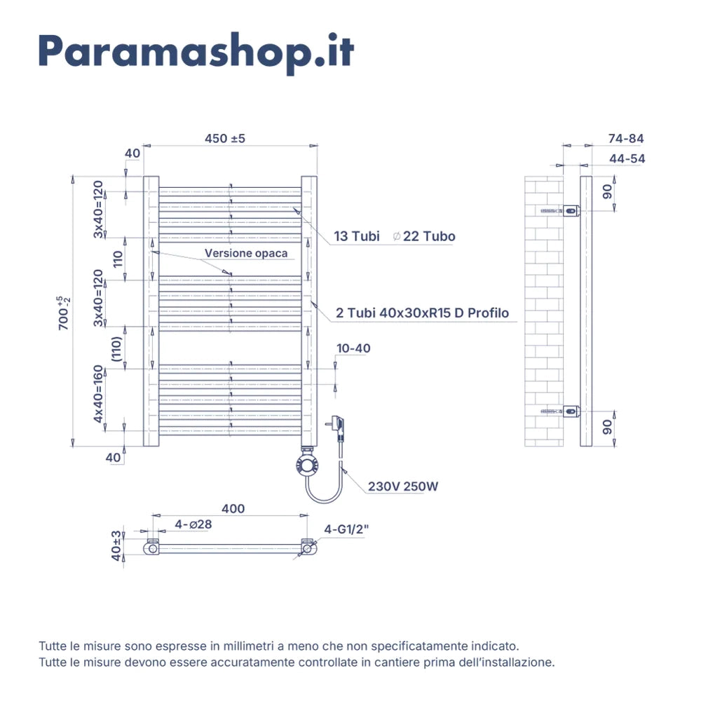 Termoarredo elettrico 700x450 oro rosa interasse 400 | Polaris