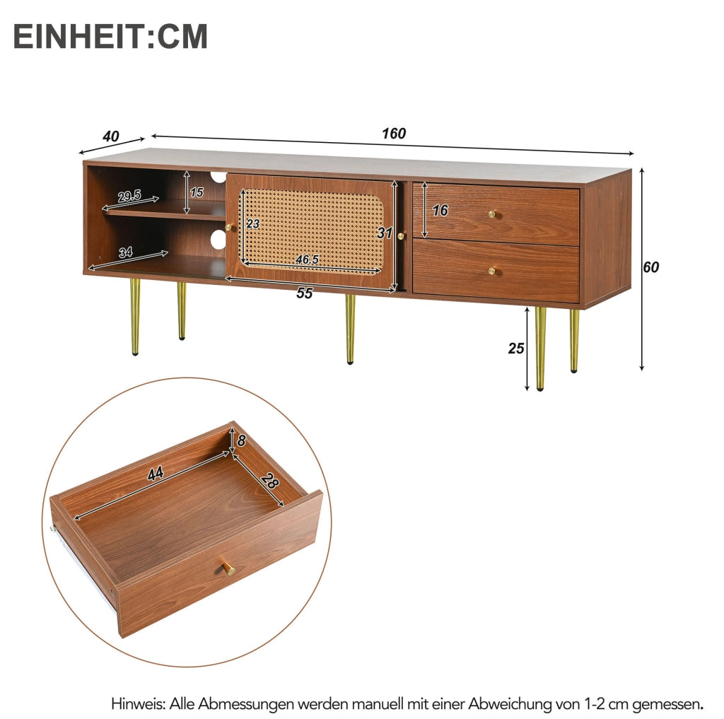 Mobile TV 160x40x60 cm con ante scorrevoli e 2 cassetti in MDF e rattan sintetico noce e caffè