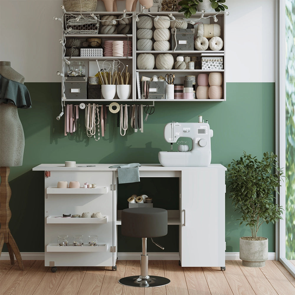 Vicco Tavolo da cucito Bianco 148 x 75 cm con 3 ripiani e armadio