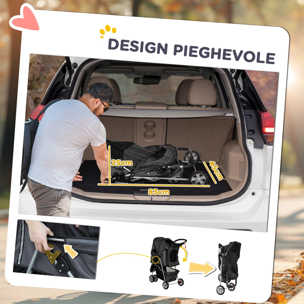 Passeggino per Cani Pieghevole 75x45x97 cm con Portabicchieri e Cestino in Tessuto Grigio Carbone