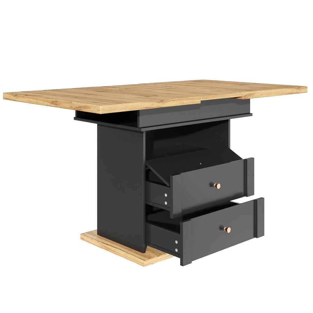 Tavolo allungabile con vano contenitore, piano estensibile e chiusura magnetica soft-close, per cucina e soggiorno, nero naturale, 110 × 80 × 75 cm