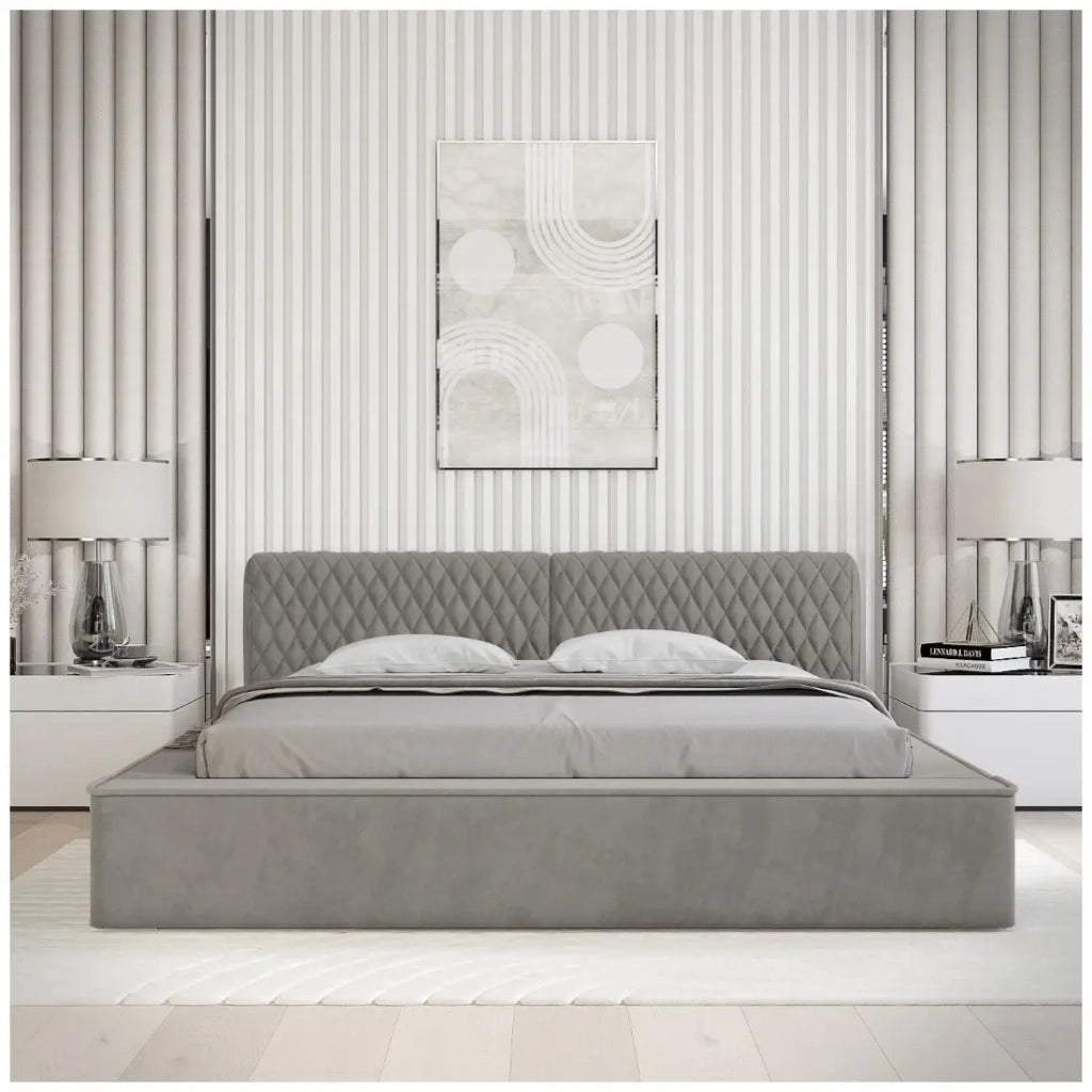 Letto contenitore VERNON – Tessuto ciniglia bouclé Cenere taupe – 140x200 cm – Rete sollevabile – Design di alta gamma