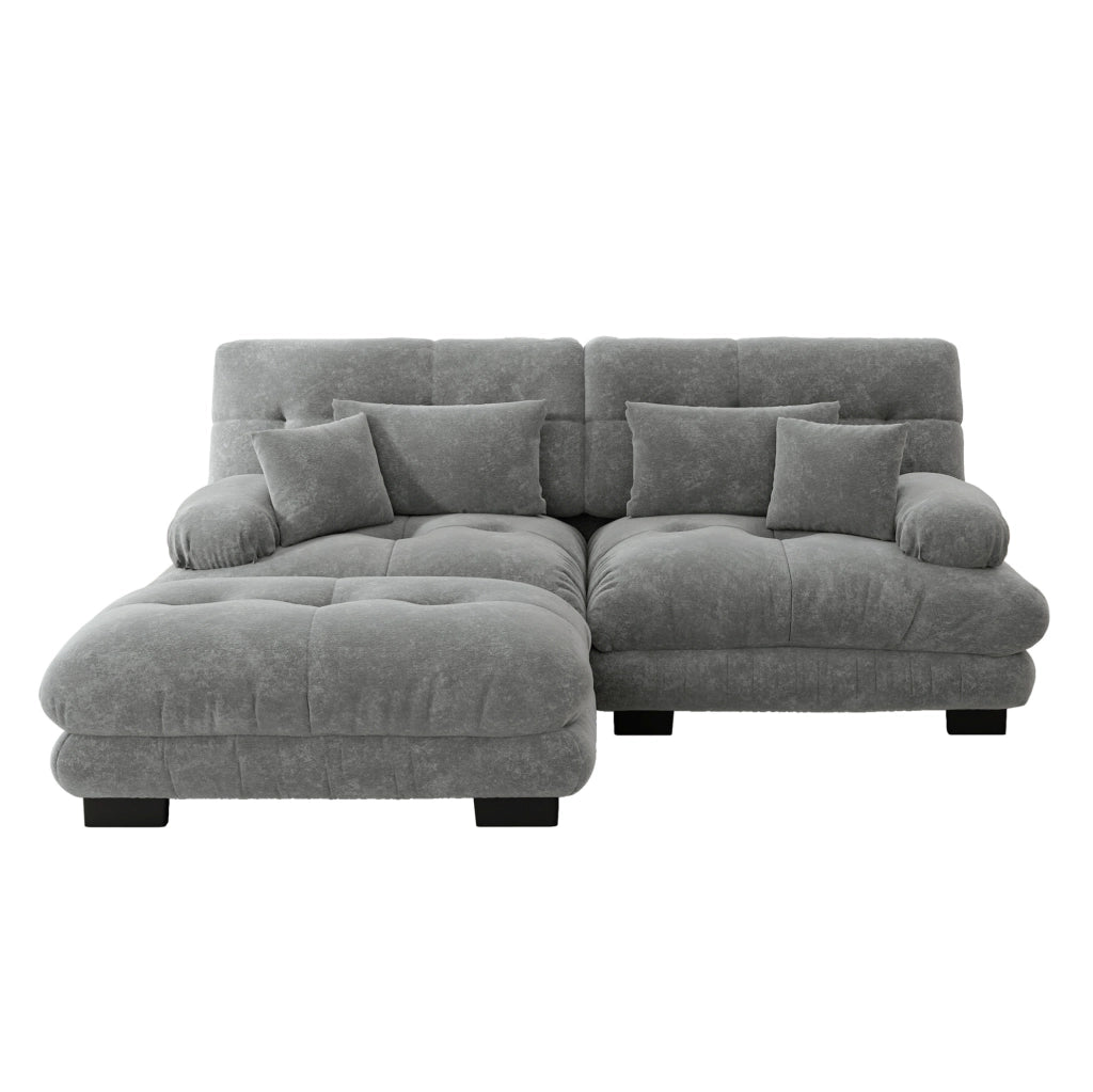 Divano modulare angolare 220x145x81 cm in chenille grigio con ottomane e cuscini