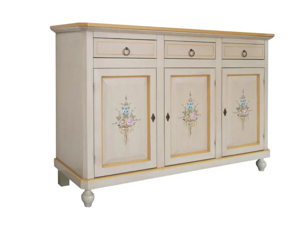 Madia credenza 3 porte avorio patinato con decori l.150 p.43 h.98 - Mobili 2G