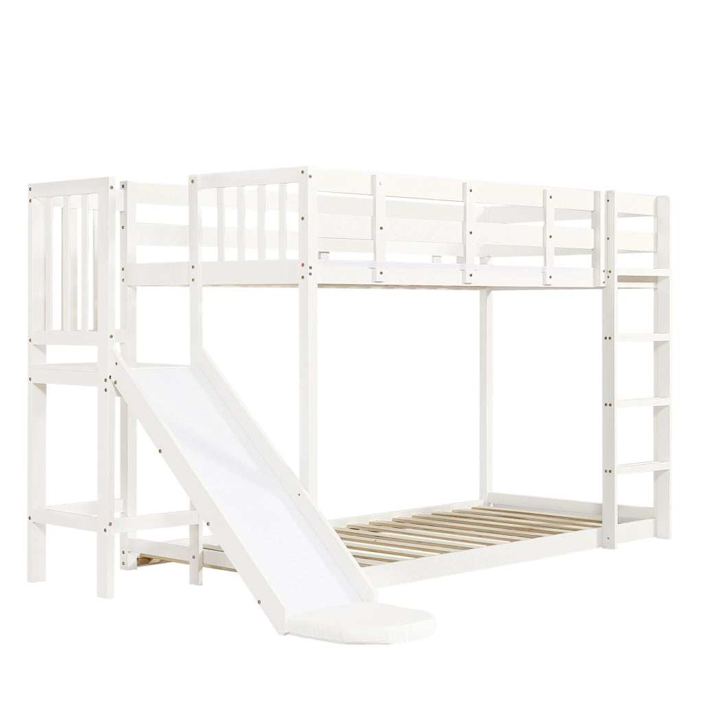 Letto a castello per bambini 90x200 cm con scala; scivolo e tende; in legno bianco