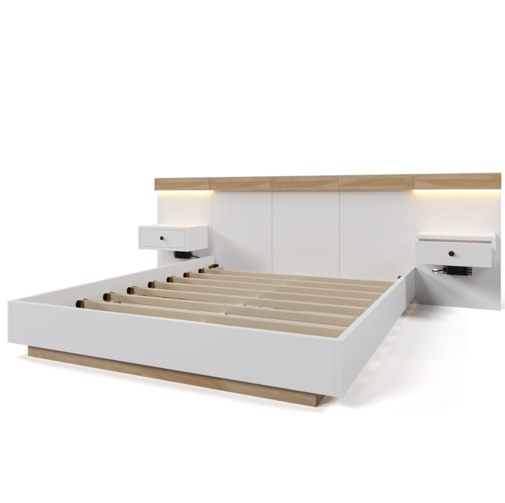 Letto matrimoniale ULEVR 180x200 cm con 2 comodini LED, USB, Type-C e prese UE, Sonoma e bianco
