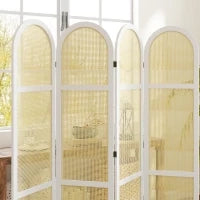 Paravento Interno in Legno da 4 Pannelli 170 x 160 cm Pieghevole e Portatile, Motivo Intrecciato a Mano, Bianco