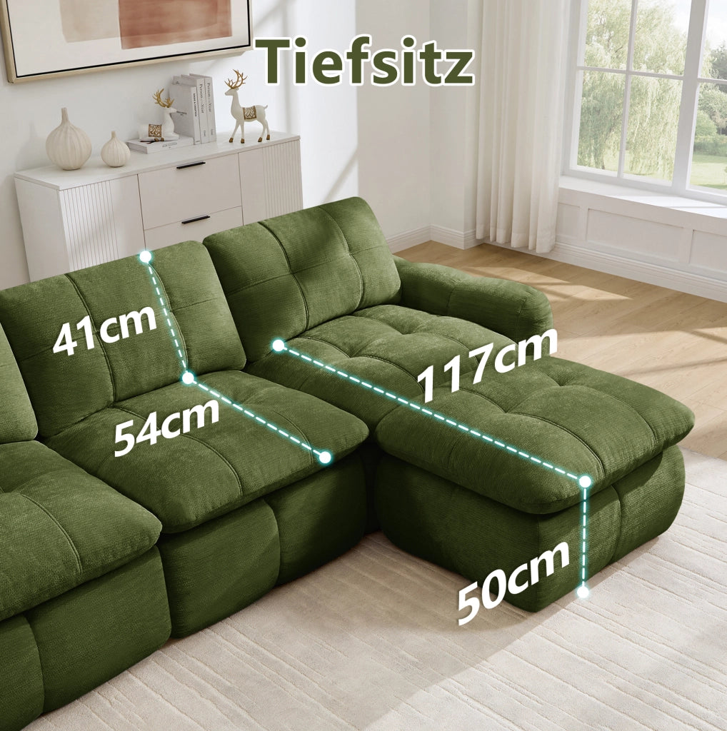 Divano modulare angolare 2 posti con pouf 194x160x68 cm in chenille verde