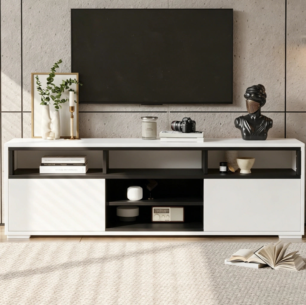 Mobile TV ULEVR 150x35x50 cm con LED USB, 2 ante push-to-open e vani aperti, bianco e nero
