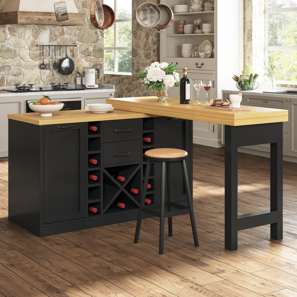 Isola da cucina girevole a 360° con piano in 2 parti; 2 cassetti; portabottiglie e porta pattumiera; nero; 120 × 40 × 73;8 cm