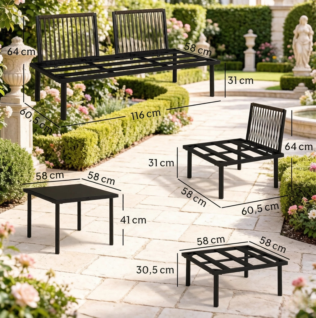 Set salotto da giardino modulare 6 pezzi con cuscini; tavolino in vetro temperato; nero e grigio chiaro