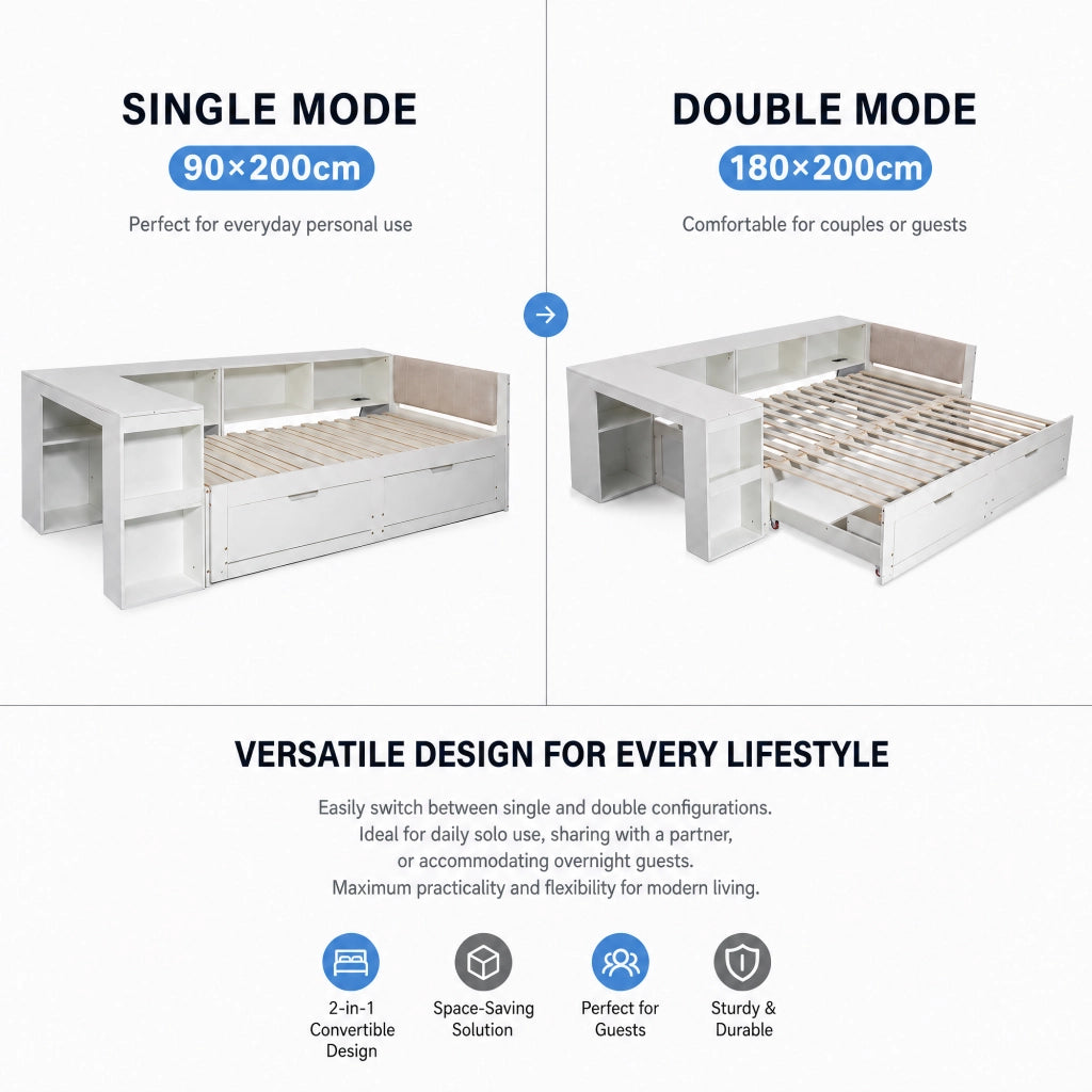 Letto allungabile con scrivania e cassetti in legno ingegnerizzato 90x200 cm