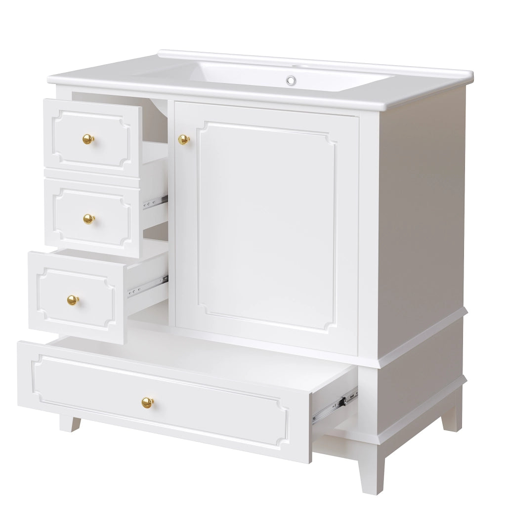 Mobile bagno sottolavabo 76,5 cm con lavabo in ceramica, 2 cassetti, anta e maniglie oro, bianco