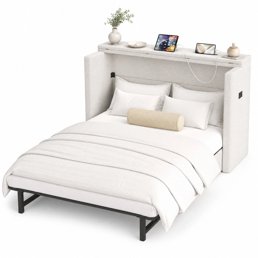 Letto a scomparsa 140x200 cm beige in lino - porte USB e Type-C