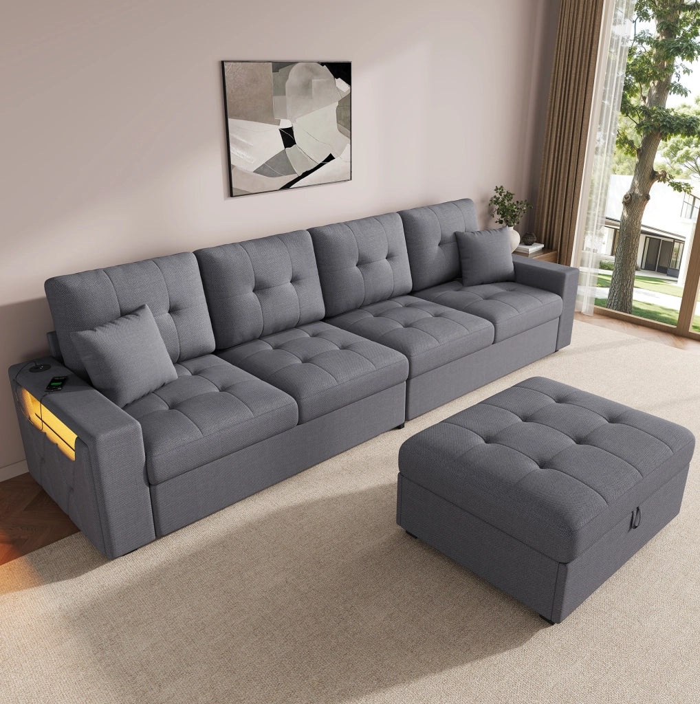 Divano angolare 4 posti grigio antico con contenitore, luci decorative e ricarica integrata
