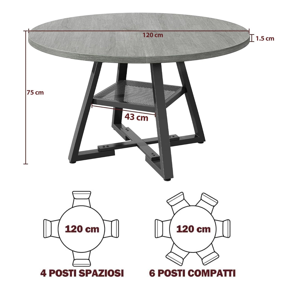 Tavolo per Sala da Pranzo Tondo Grigio con Ripiano Portaoggetti 120x120x76cm