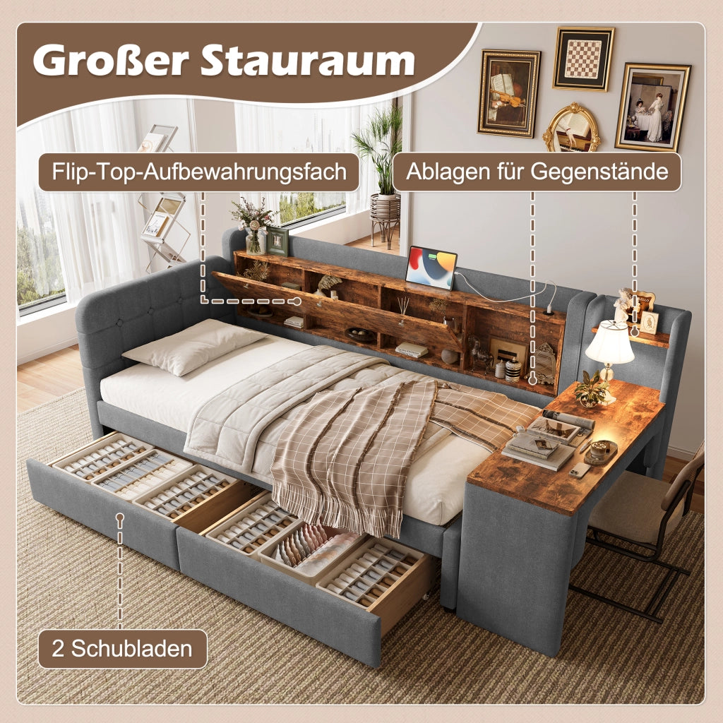 DESMIU Letto banquette 90 × 200 cm 1 piazza con 2 cassetti, scrivania, USB, Type-C e vano, senza materasso, grigio