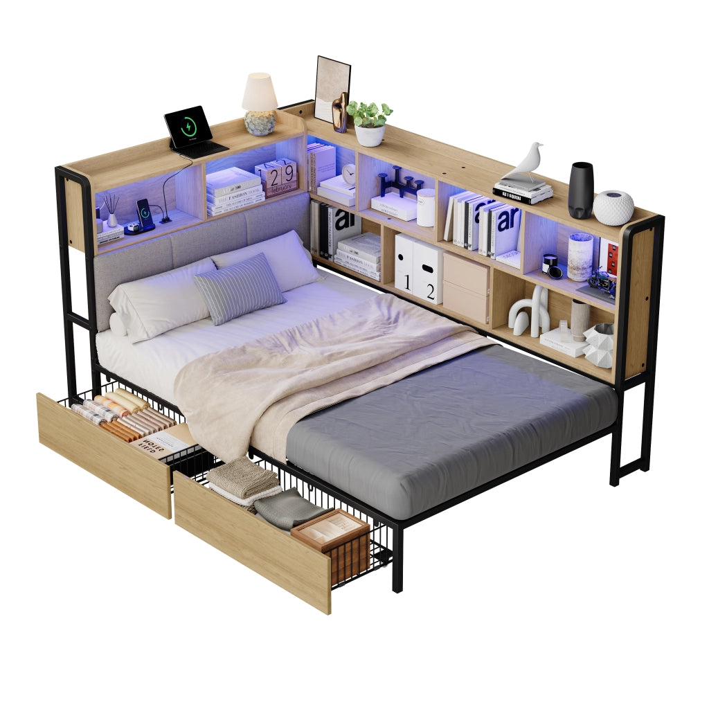Letto Imbottito con LED, USB e Cassetti ¨C MINIMAL ¨C 90x200, Metallo, Naturale