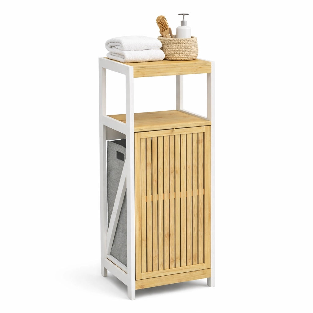 Mobiletto Bagno Portabiancheria Moderno Legno e Bambù 36x33x98 cm 1 Anta 2 Ripiani