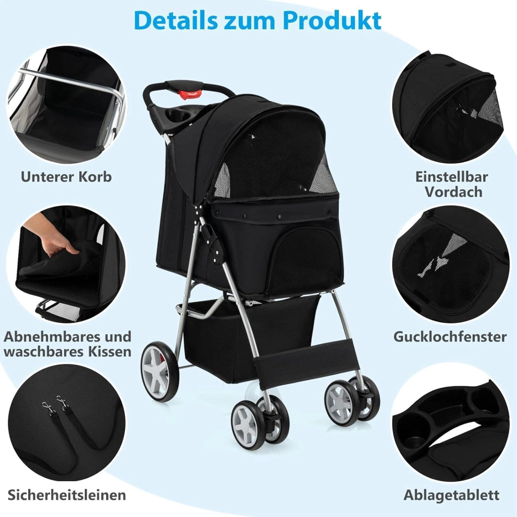 Passeggino per Cani e Gatti Pieghevole Fino 15 kg, Carrello per Animali Domestici, Trasportino Carrozzina Portatile da Viaggio e Passeggio con Tettuccio per Cuccioli, 87 x 46 x 102 cm (Nero)