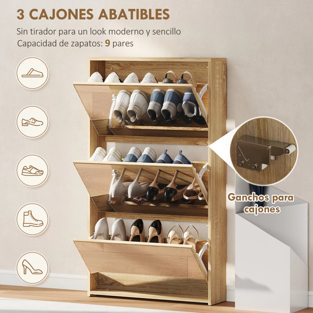 Scarpiera con specchio e 3 ante per ingresso ¨C zephmum ¨C legno naturale 65x17x114.5 cm
